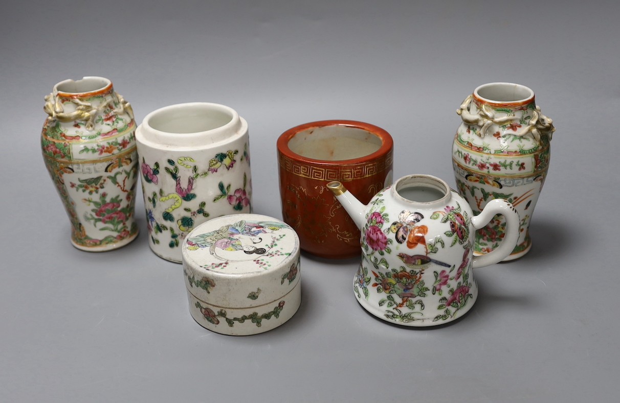 A group of Chinese famille rose vases and jars, a box and cover and a teapot, 19th/20th century, Pair of vases 13 cms high.